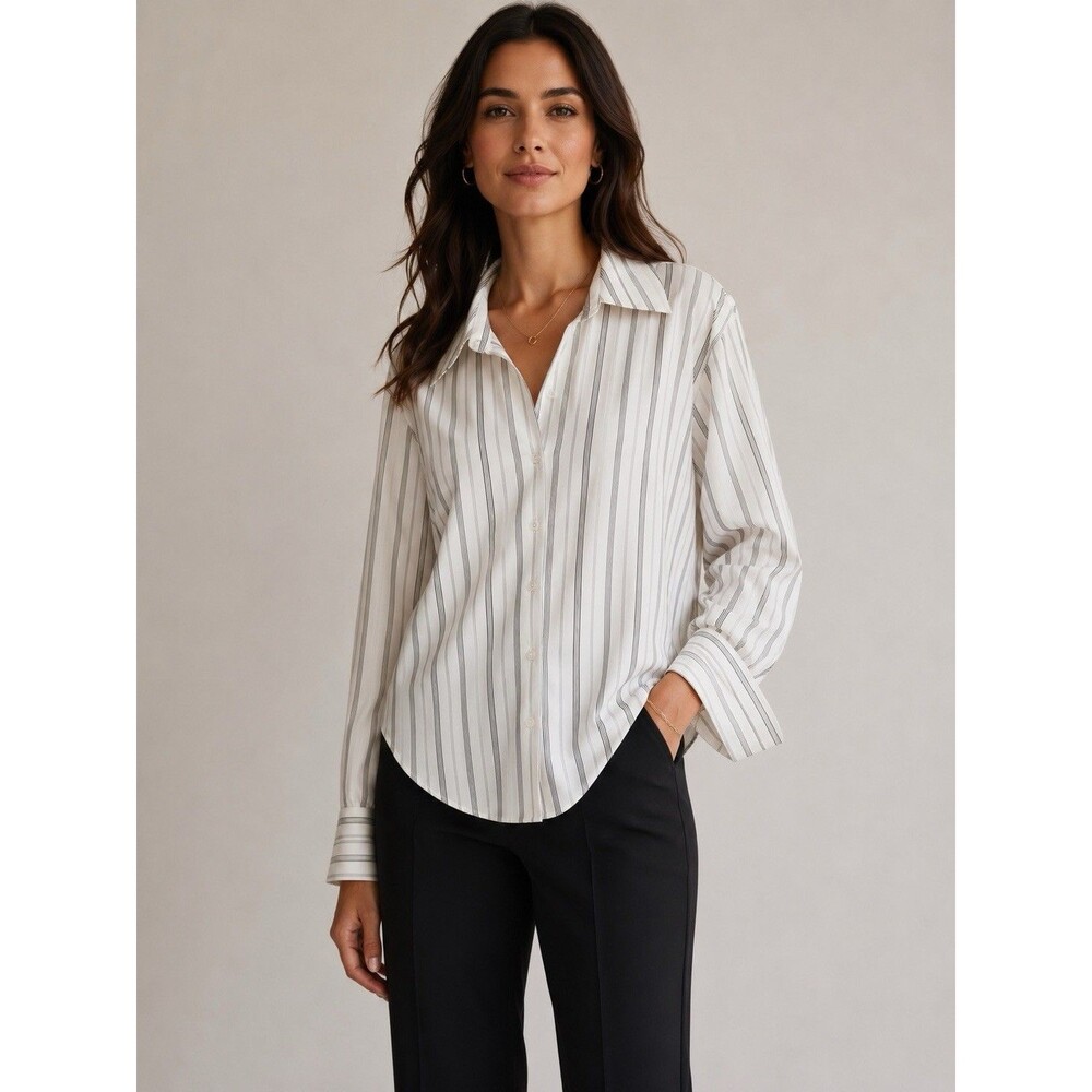 Jones‎ New York Crisp No-iron Cotton Striped Blouse Top Black & White 24W
